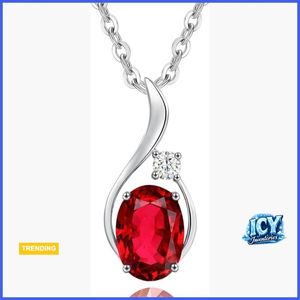 14K Solid White Gold Oval Ruby Diamond Pendant Necklace 16+2 Inches